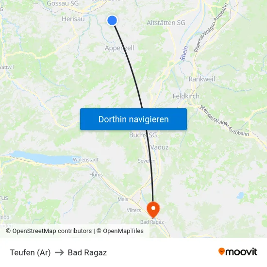 Teufen (Ar) to Bad Ragaz map