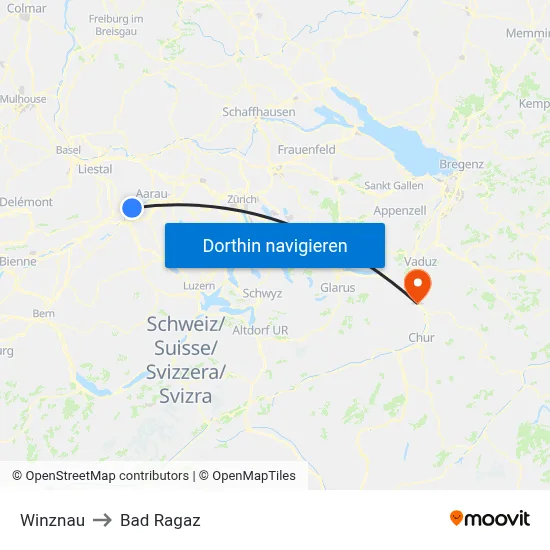 Winznau to Bad Ragaz map
