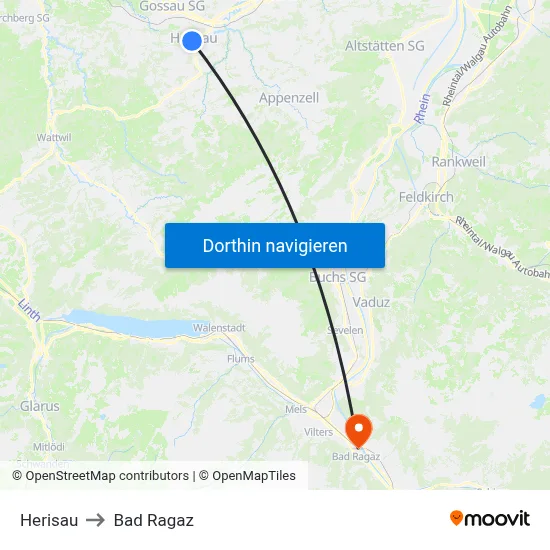 Herisau to Bad Ragaz map