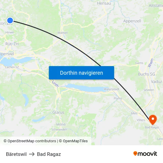Bäretswil to Bad Ragaz map