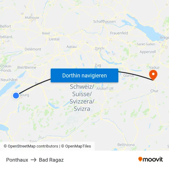 Ponthaux to Bad Ragaz map