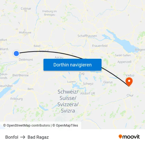 Bonfol to Bad Ragaz map