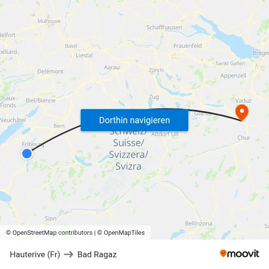 Hauterive (Fr) to Bad Ragaz map