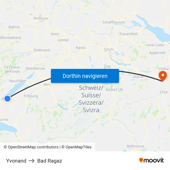 Yvonand to Bad Ragaz map
