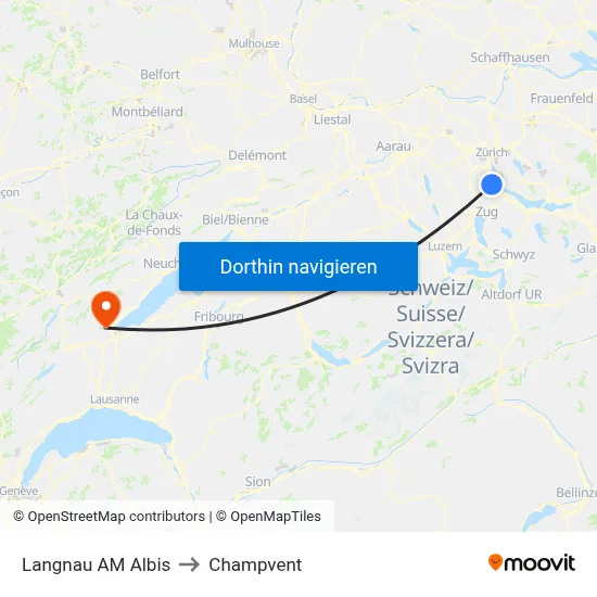 Langnau AM Albis to Champvent map