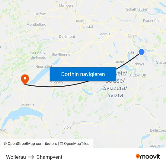 Wollerau to Champvent map