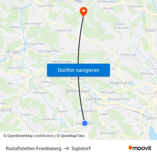 Rudolfstetten-Friedlisberg to Siglistorf map
