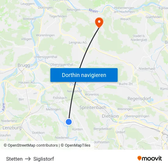 Stetten to Siglistorf map