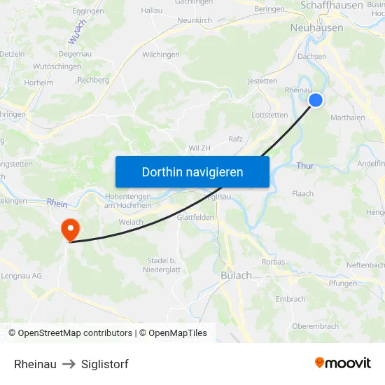 Rheinau to Siglistorf map