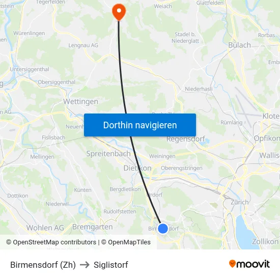 Birmensdorf (Zh) to Siglistorf map