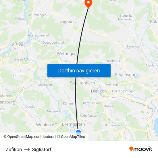 Zufikon to Siglistorf map