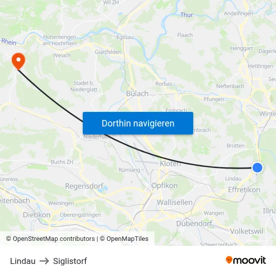 Lindau to Siglistorf map
