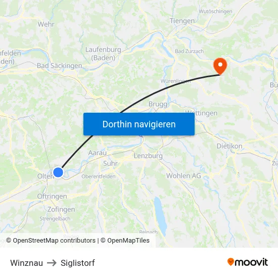Winznau to Siglistorf map