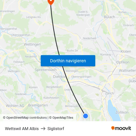 Wettswil AM Albis to Siglistorf map