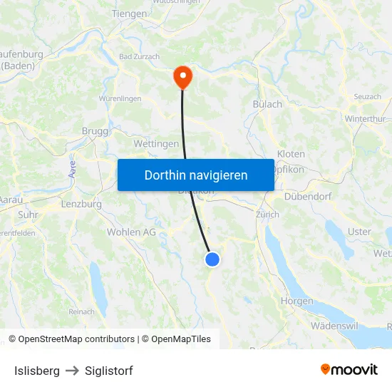 Islisberg to Siglistorf map