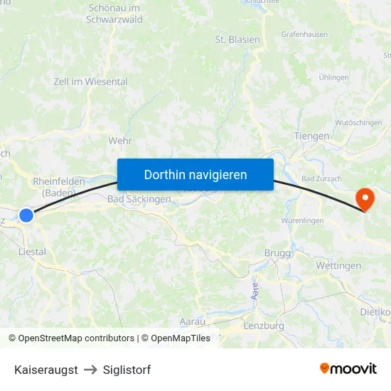 Kaiseraugst to Siglistorf map