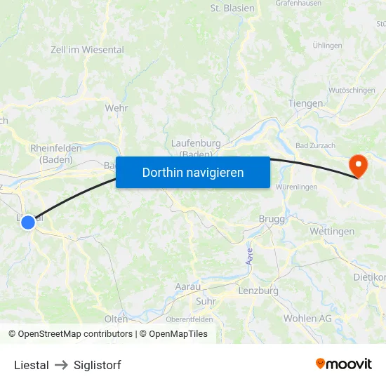 Liestal to Siglistorf map