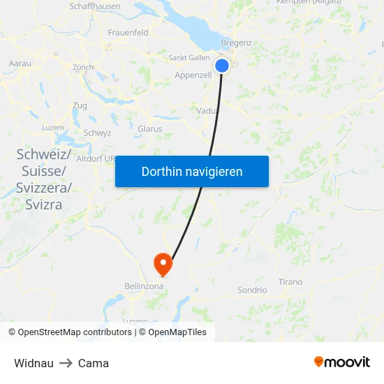 Widnau to Cama map