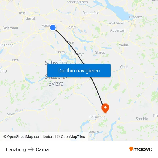 Lenzburg to Cama map