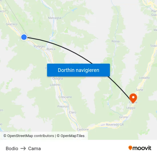 Bodio to Cama map