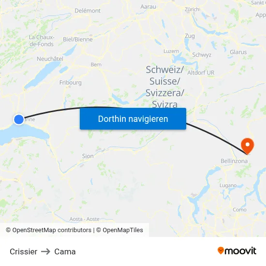 Crissier to Cama map
