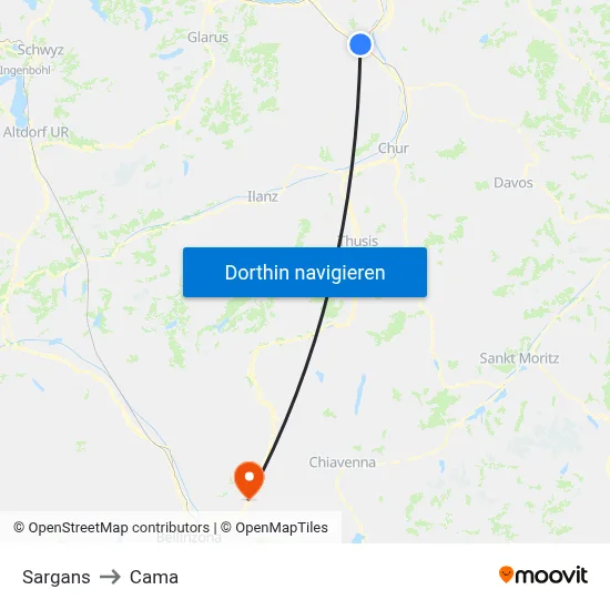 Sargans to Cama map