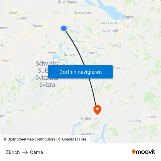 Zürich to Cama map