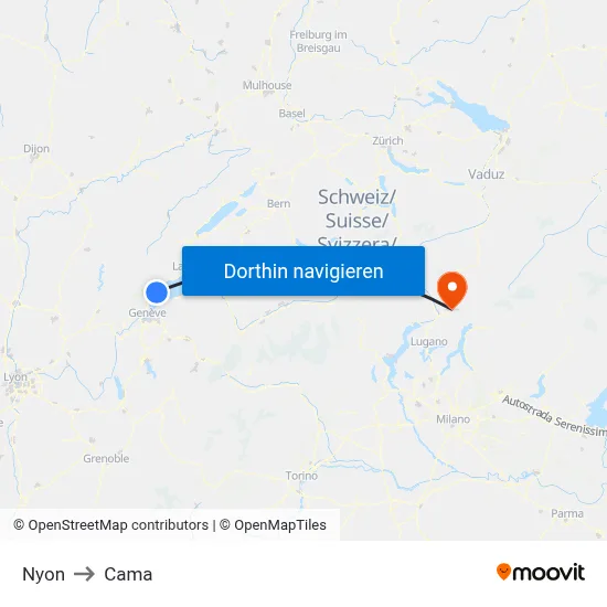 Nyon to Cama map