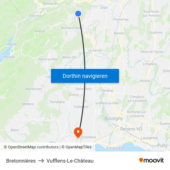Bretonnières to Vufflens-Le-Château map