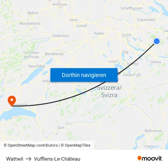 Wattwil to Vufflens-Le-Château map