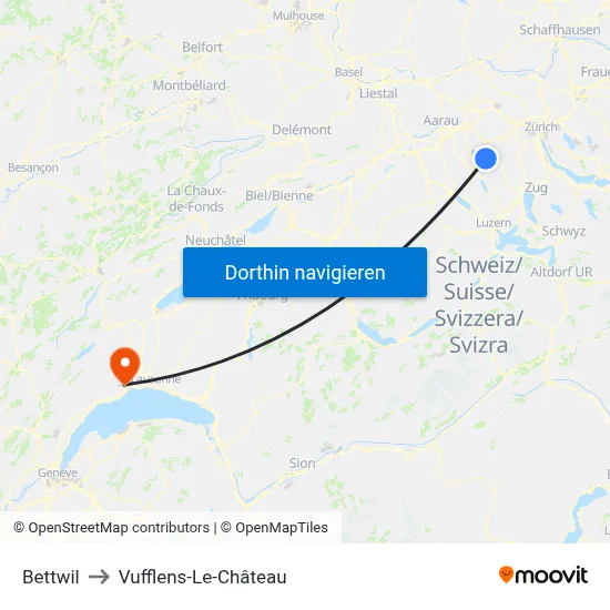 Bettwil to Vufflens-Le-Château map