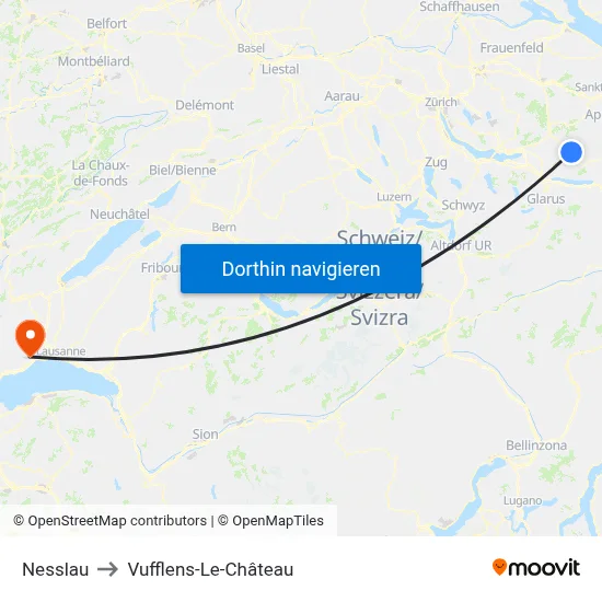 Nesslau to Vufflens-Le-Château map