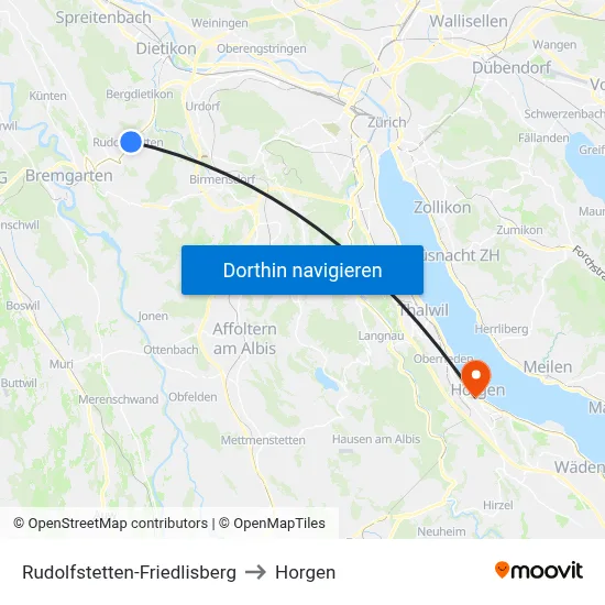 Rudolfstetten-Friedlisberg to Horgen map