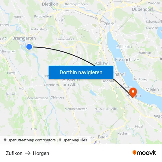 Zufikon to Horgen map