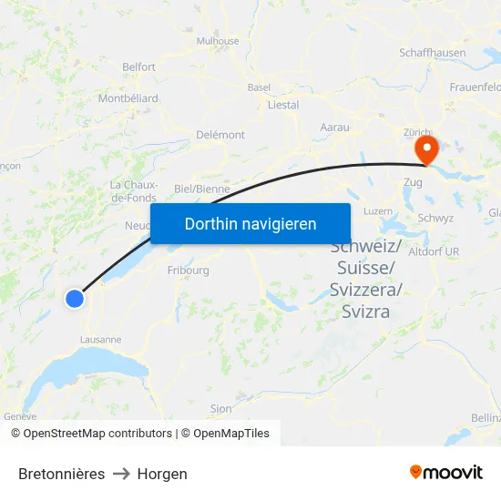 Bretonnières to Horgen map