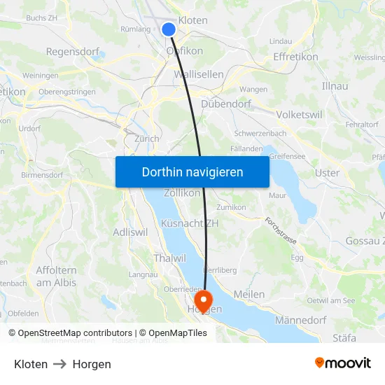 Kloten to Horgen map