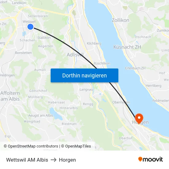 Wettswil AM Albis to Horgen map