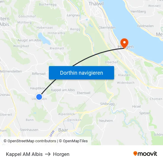Kappel AM Albis to Horgen map