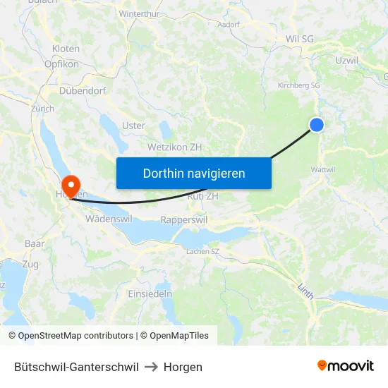 Bütschwil-Ganterschwil to Horgen map