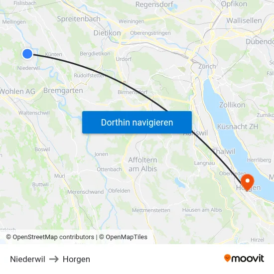 Niederwil to Horgen map