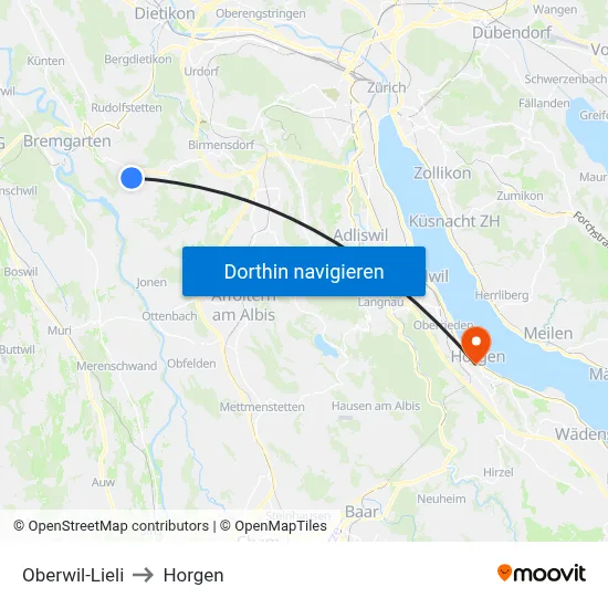 Oberwil-Lieli to Horgen map