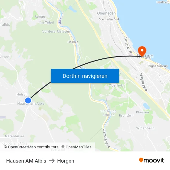 Hausen AM Albis to Horgen map
