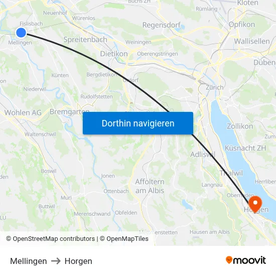 Mellingen to Horgen map