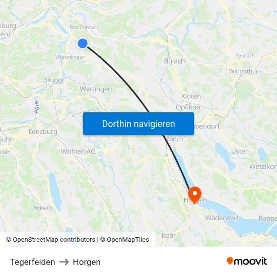 Tegerfelden to Horgen map