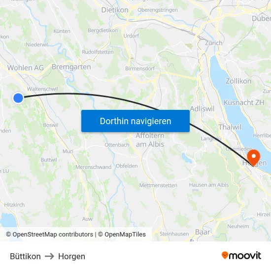 Büttikon to Horgen map