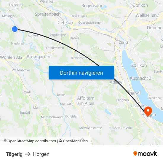 Tägerig to Horgen map
