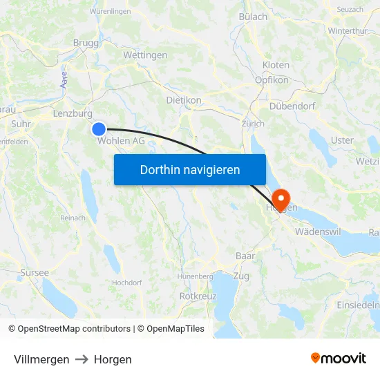 Villmergen to Horgen map