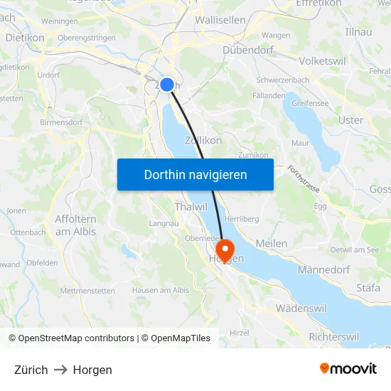 Zürich to Horgen map