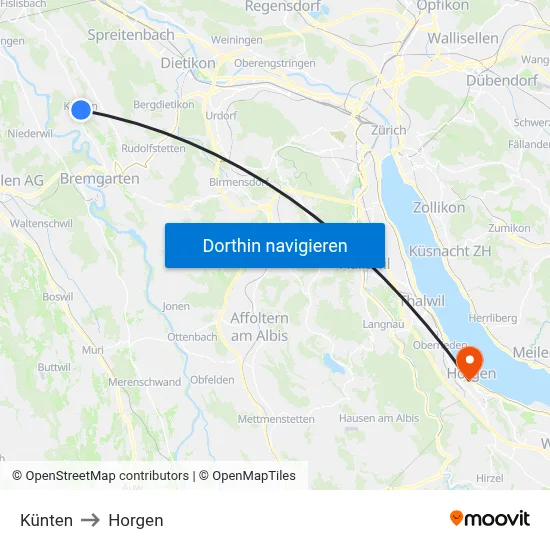 Künten to Horgen map