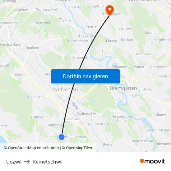 Uezwil to Remetschwil map